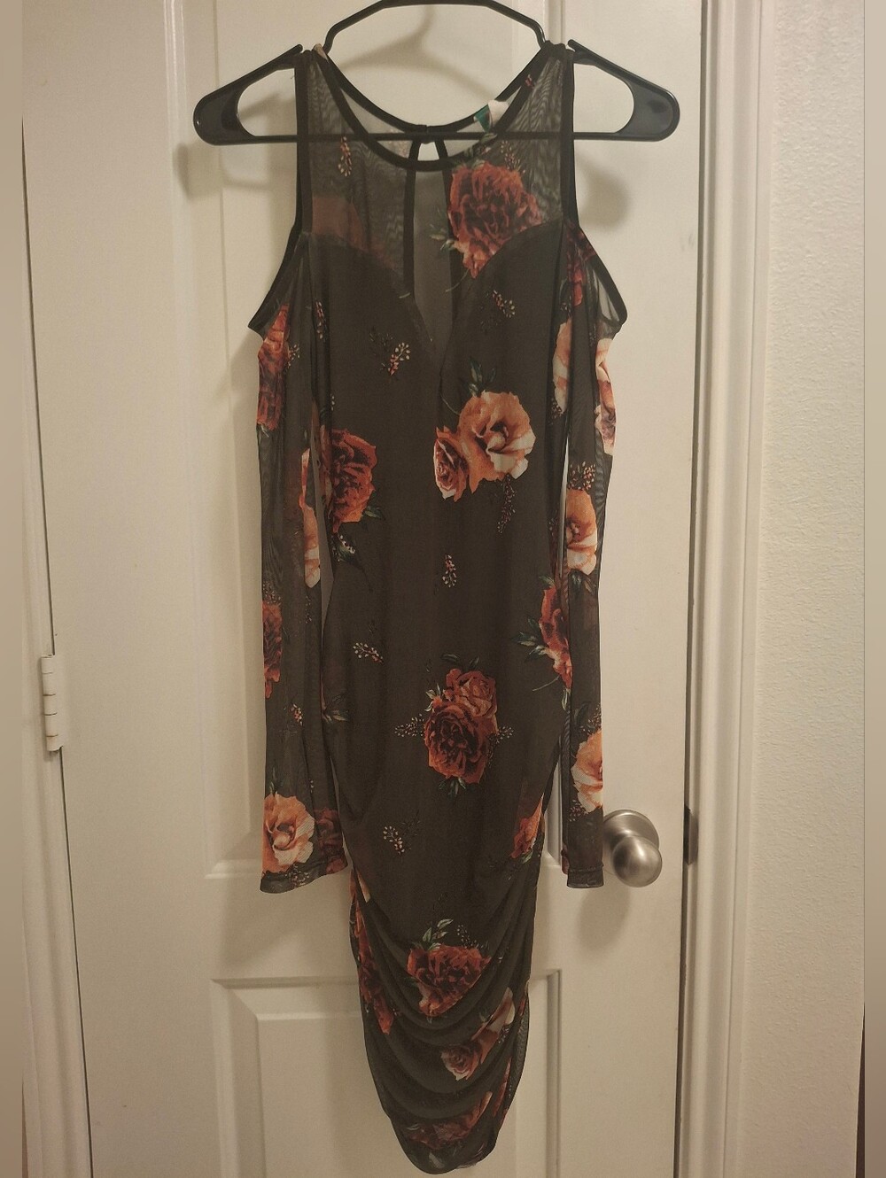 Floral Cold-Shoulder Olive Green Dress with Rose Print